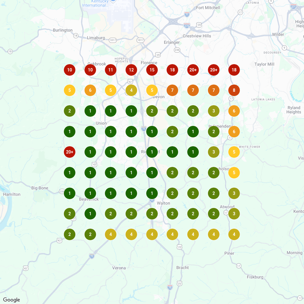 81-point map-pack heatmap for 'plumber' around Walton KY — green core, weaker eastern edge